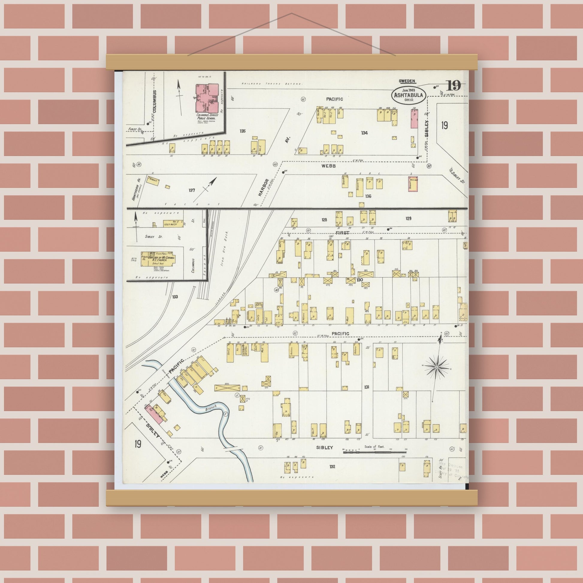 Old map wall art mockup — magnetic wood frame on brick wall — Sanborn Fire Insurance Map from Ashtabula, Ashtabula County, Ohio (1903), Sheet #0019