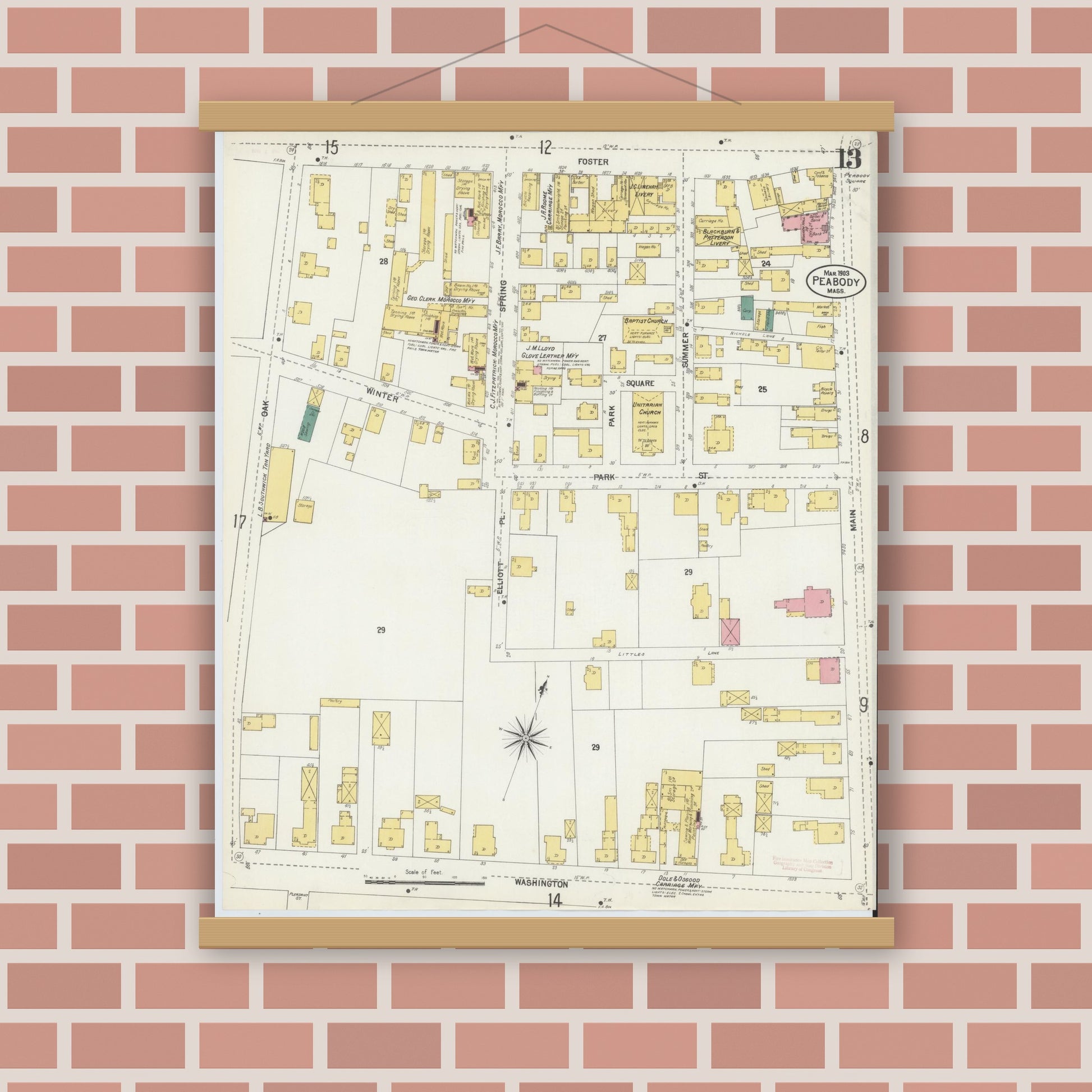Old map wall art mockup — magnetic wood frame on brick wall — Sanborn Fire Insurance Map from Peabody, Essex County, Massachusetts (1903), Sheet #0013