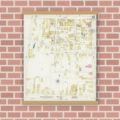 Old map wall art mockup — magnetic wood frame on brick wall — Sanborn Fire Insurance Map from Peabody, Essex County, Massachusetts (1903), Sheet #0013