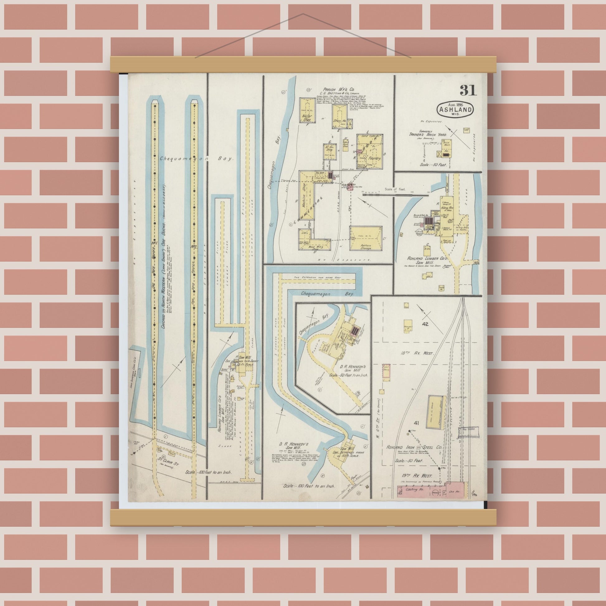 Old map wall art mockup — magnetic wood frame on brick wall — Sanborn Fire Insurance Map from Ashland, Ashland County, Wisconsin (1895), Sheet #0031
