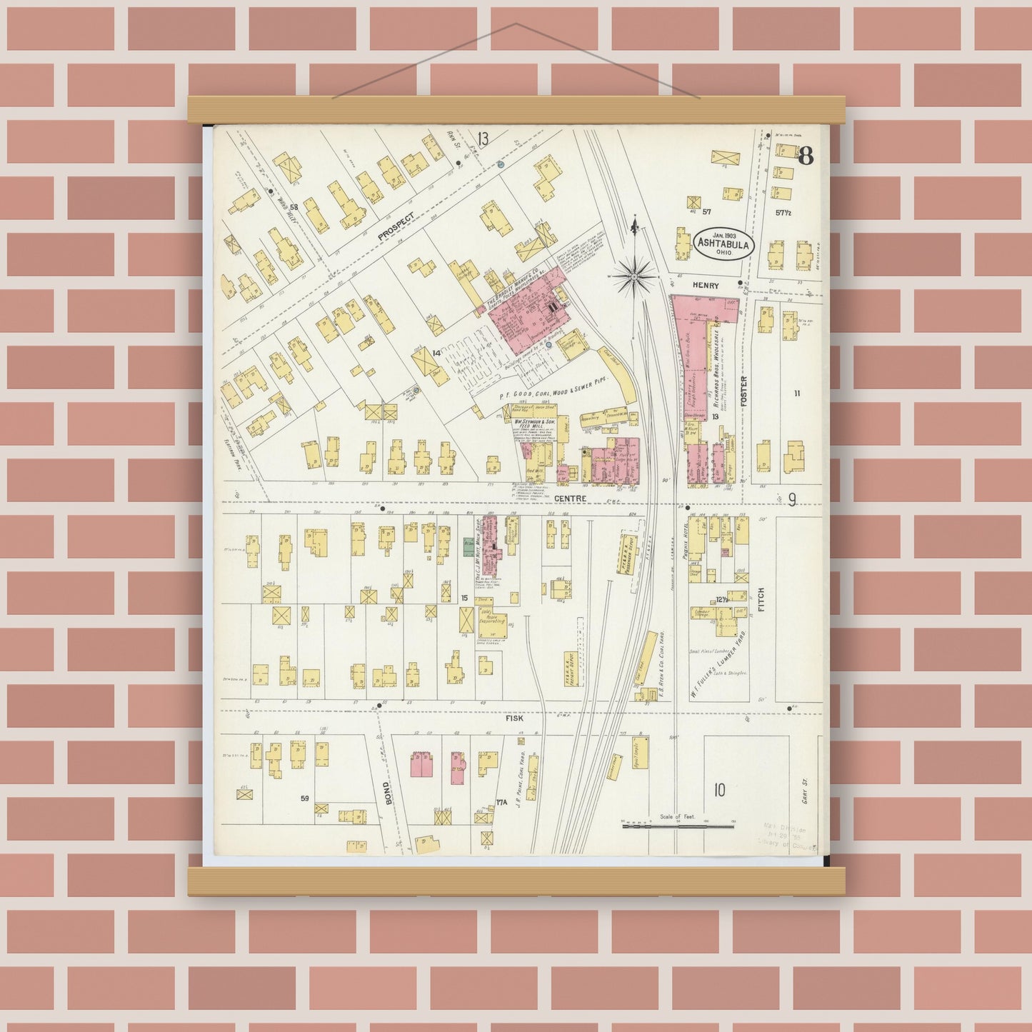 Old map wall art mockup — magnetic wood frame on brick wall — Sanborn Fire Insurance Map from Ashtabula, Ashtabula County, Ohio (1903), Sheet #0008