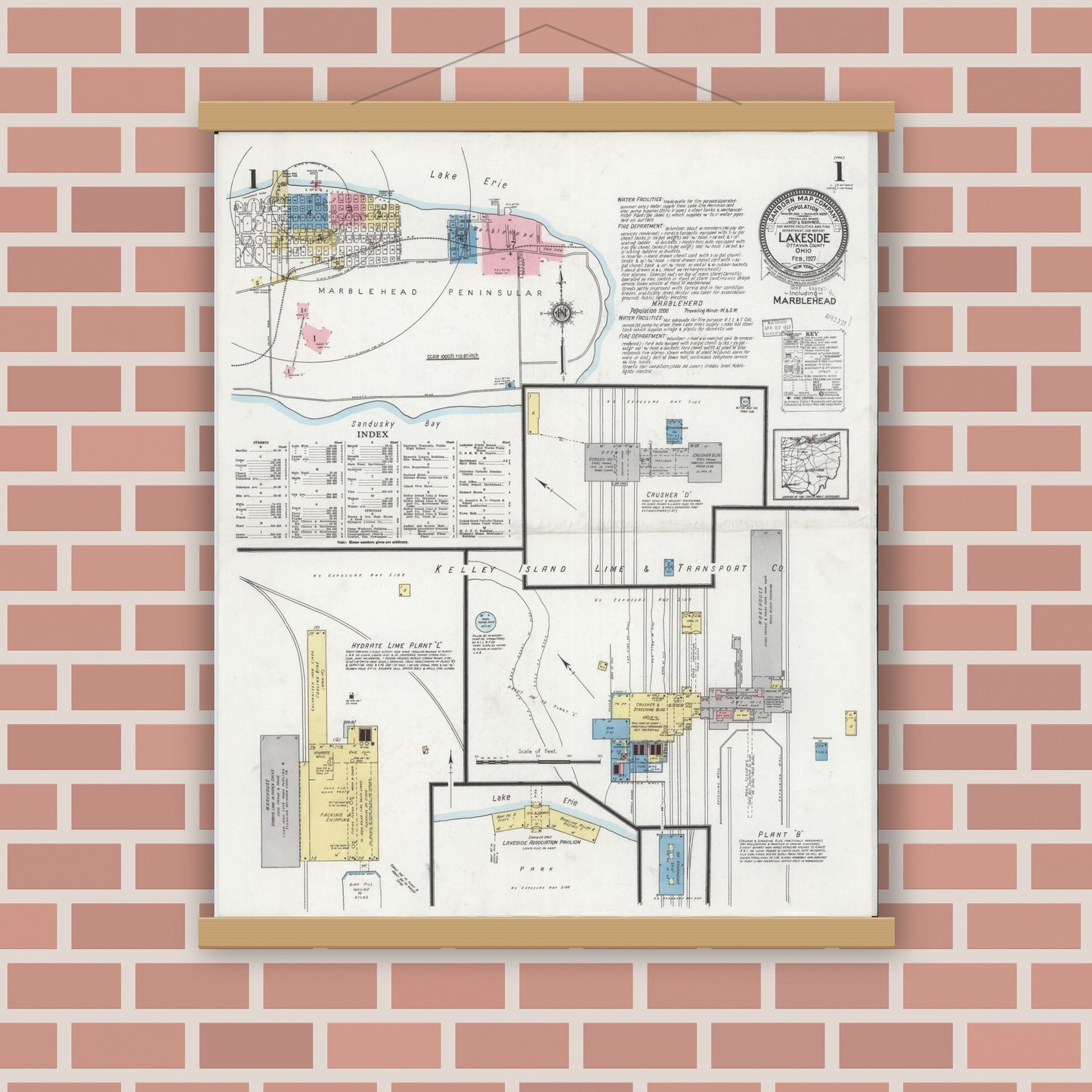 Old map wall art mockup — magnetic wood frame on brick wall — Sanborn Fire Insurance Map from Lakeside, Ottawa County, Ohio (1927), Sheet #0001