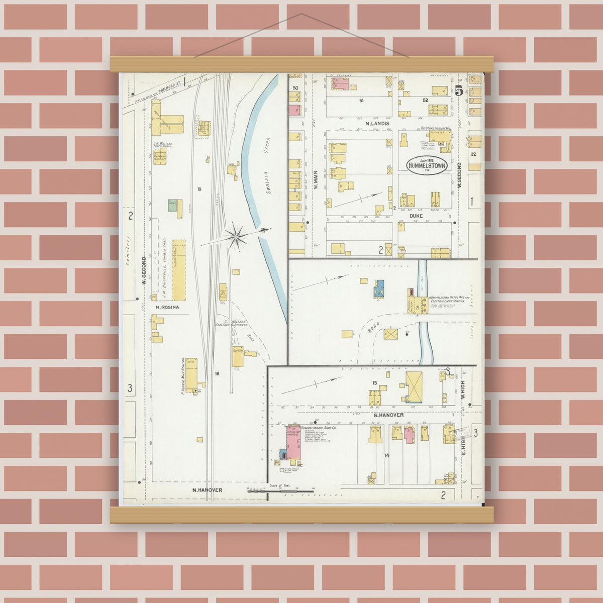 Old map wall art mockup — magnetic wood frame on brick wall — Sanborn Fire Insurance Map from Hummelstown, Dauphin County, Pennsylvania (1902), Sheet #0005