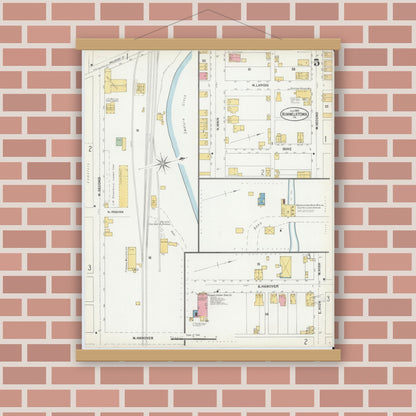 Old map wall art mockup — magnetic wood frame on brick wall — Sanborn Fire Insurance Map from Hummelstown, Dauphin County, Pennsylvania (1902), Sheet #0005