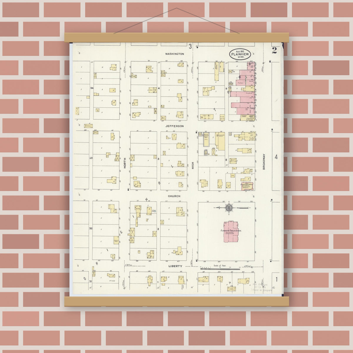 Old map wall art mockup — magnetic wood frame on brick wall — Sanborn Fire Insurance Map from Plainview, Wabasha County, Minnesota (1910), Sheet #0002