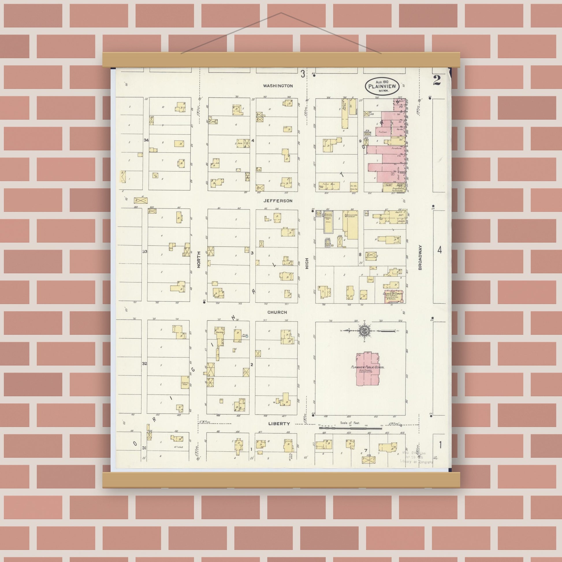 Old map wall art mockup — magnetic wood frame on brick wall — Sanborn Fire Insurance Map from Plainview, Wabasha County, Minnesota (1910), Sheet #0002