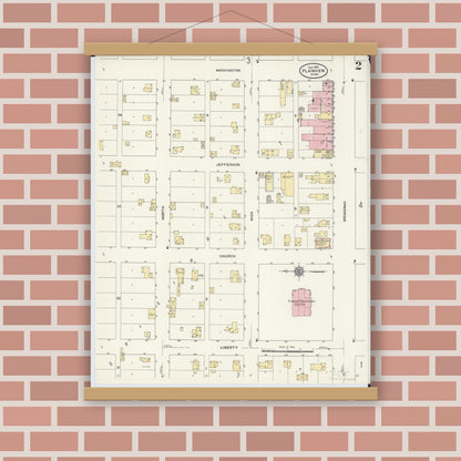 Old map wall art mockup — magnetic wood frame on brick wall — Sanborn Fire Insurance Map from Plainview, Wabasha County, Minnesota (1910), Sheet #0002