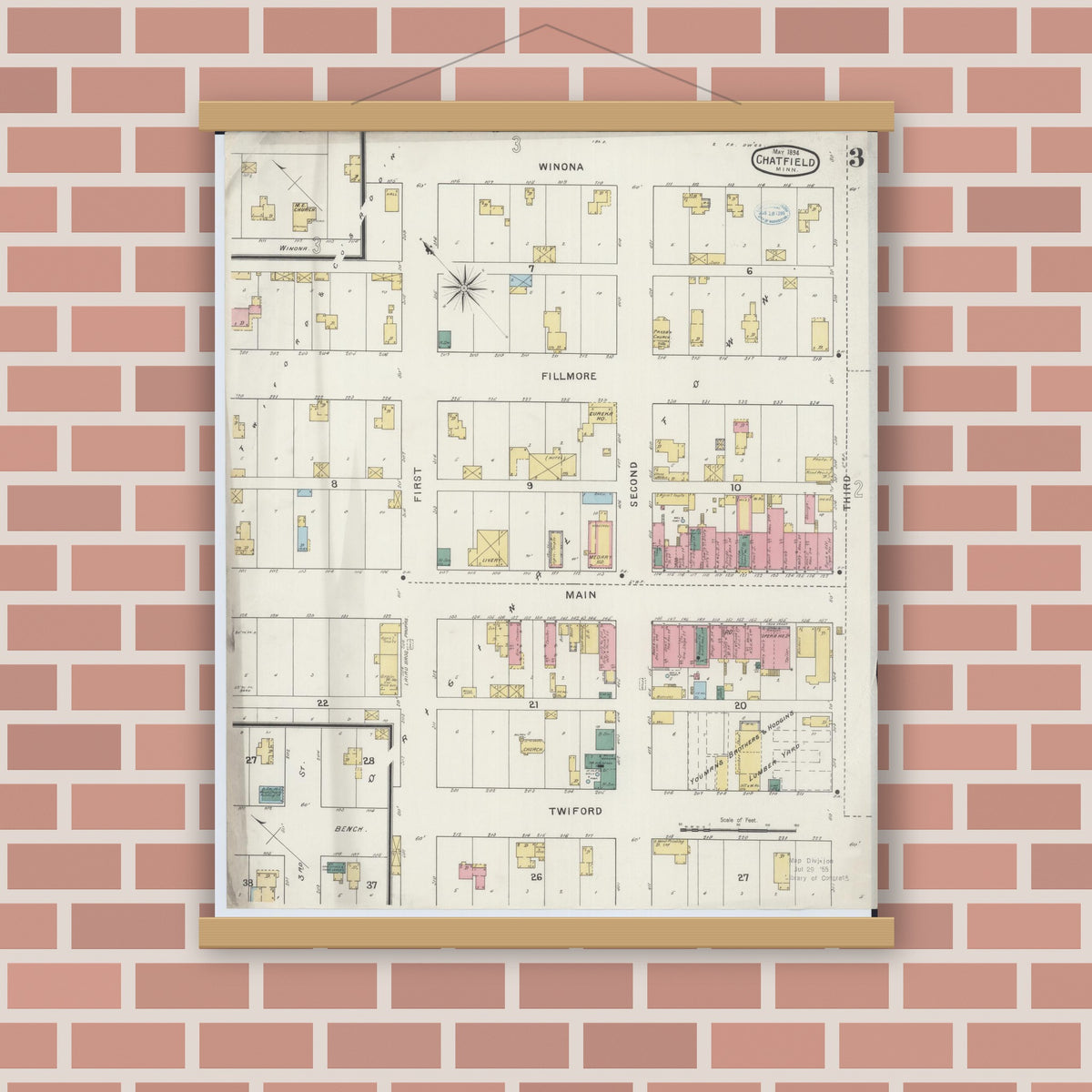 Old map wall art mockup — magnetic wood frame on brick wall — Sanborn Fire Insurance Map from Chatfield, Fillmore And Olmsted Counties, Minnesota (1894), Sheet #0003
