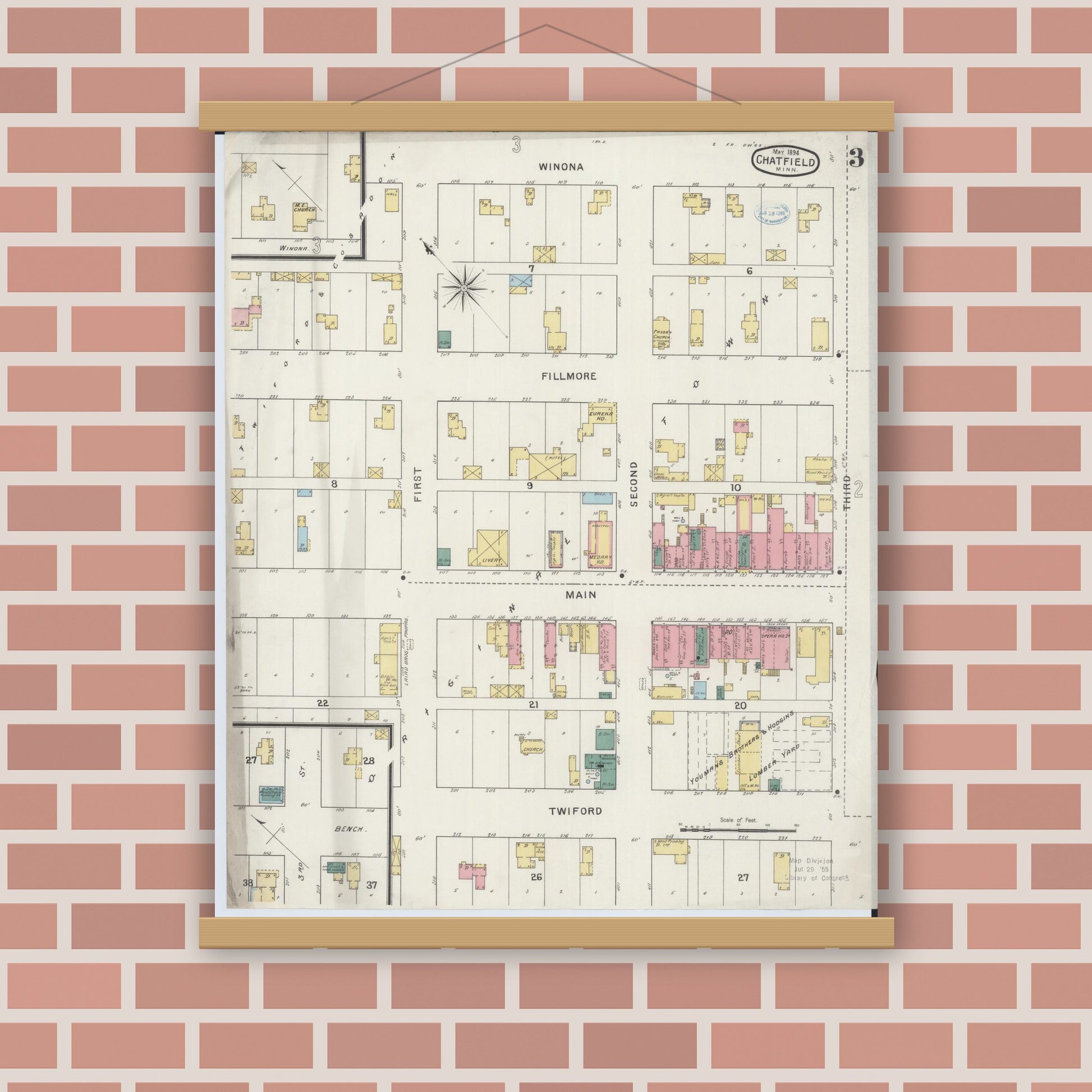 Old map wall art mockup — magnetic wood frame on brick wall — Sanborn Fire Insurance Map from Chatfield, Fillmore And Olmsted Counties, Minnesota (1894), Sheet #0003