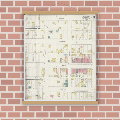 Old map wall art mockup — magnetic wood frame on brick wall — Sanborn Fire Insurance Map from Chatfield, Fillmore And Olmsted Counties, Minnesota (1894), Sheet #0003