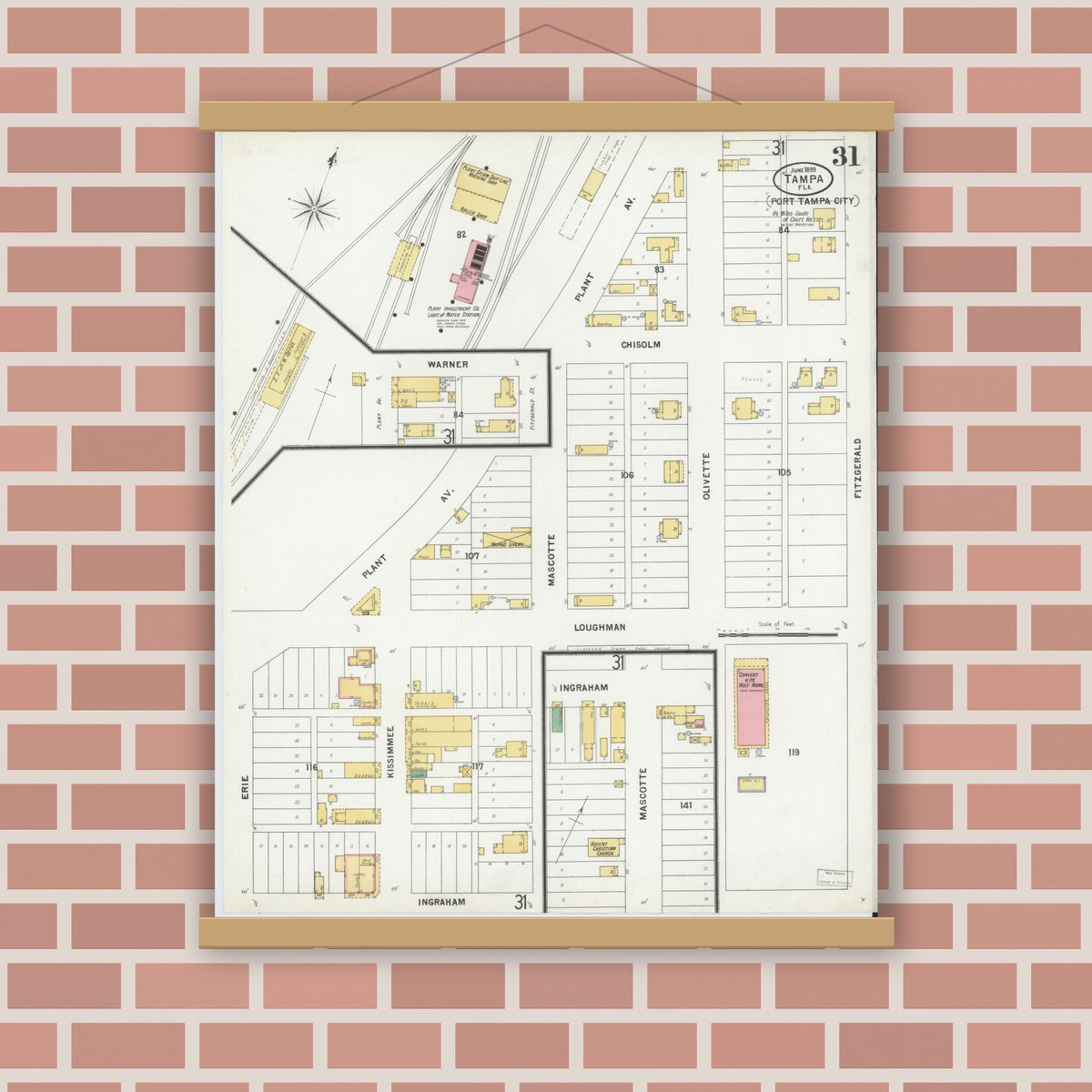 Old map wall art mockup — magnetic wood frame on brick wall — Sanborn Fire Insurance Map from Tampa, Hillsborough County, Florida (1899), Sheet #0031