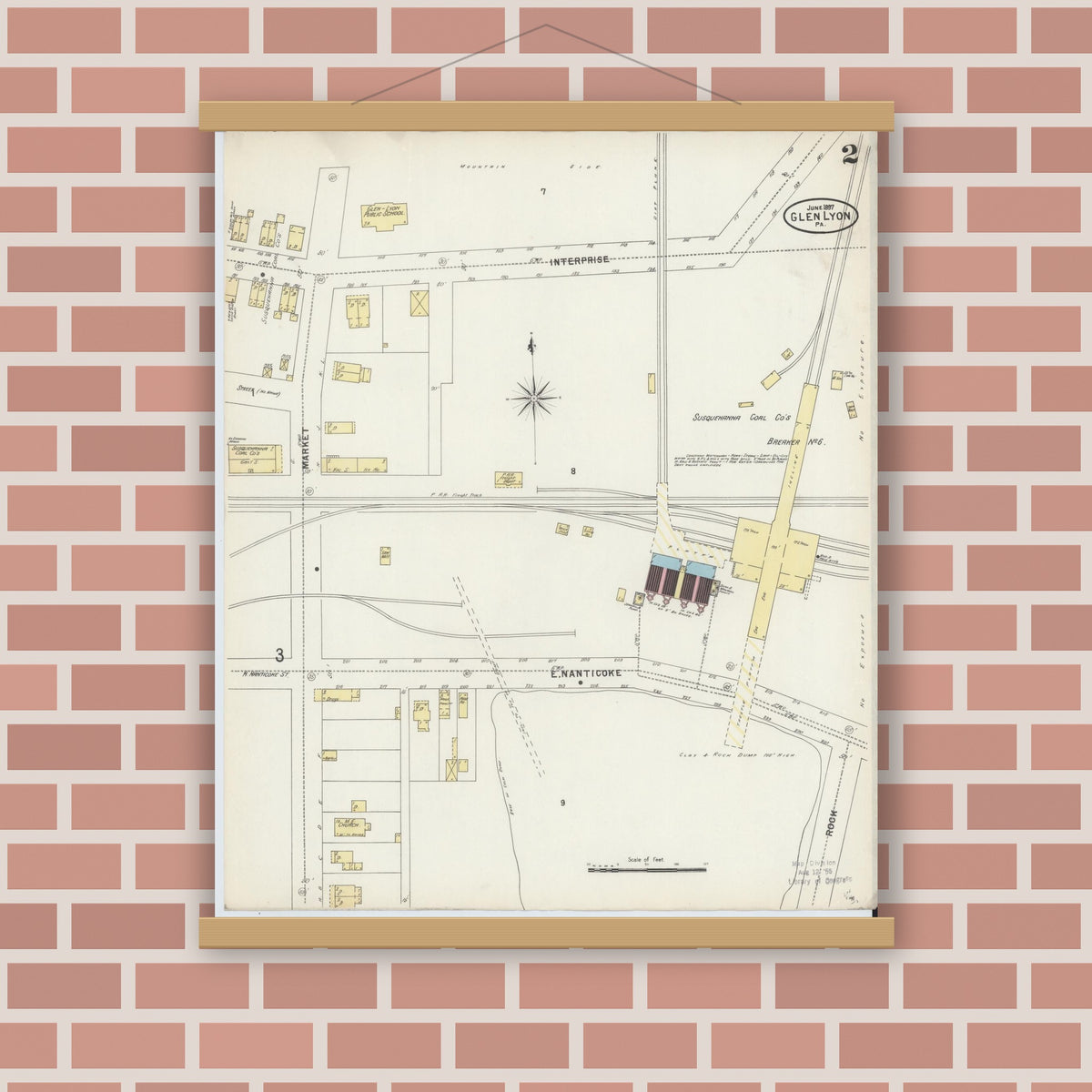 Old map wall art mockup — magnetic wood frame on brick wall — Sanborn Fire Insurance Map from Glen Lyon, Luzerne County, Pennsylvania (1897), Sheet #0002