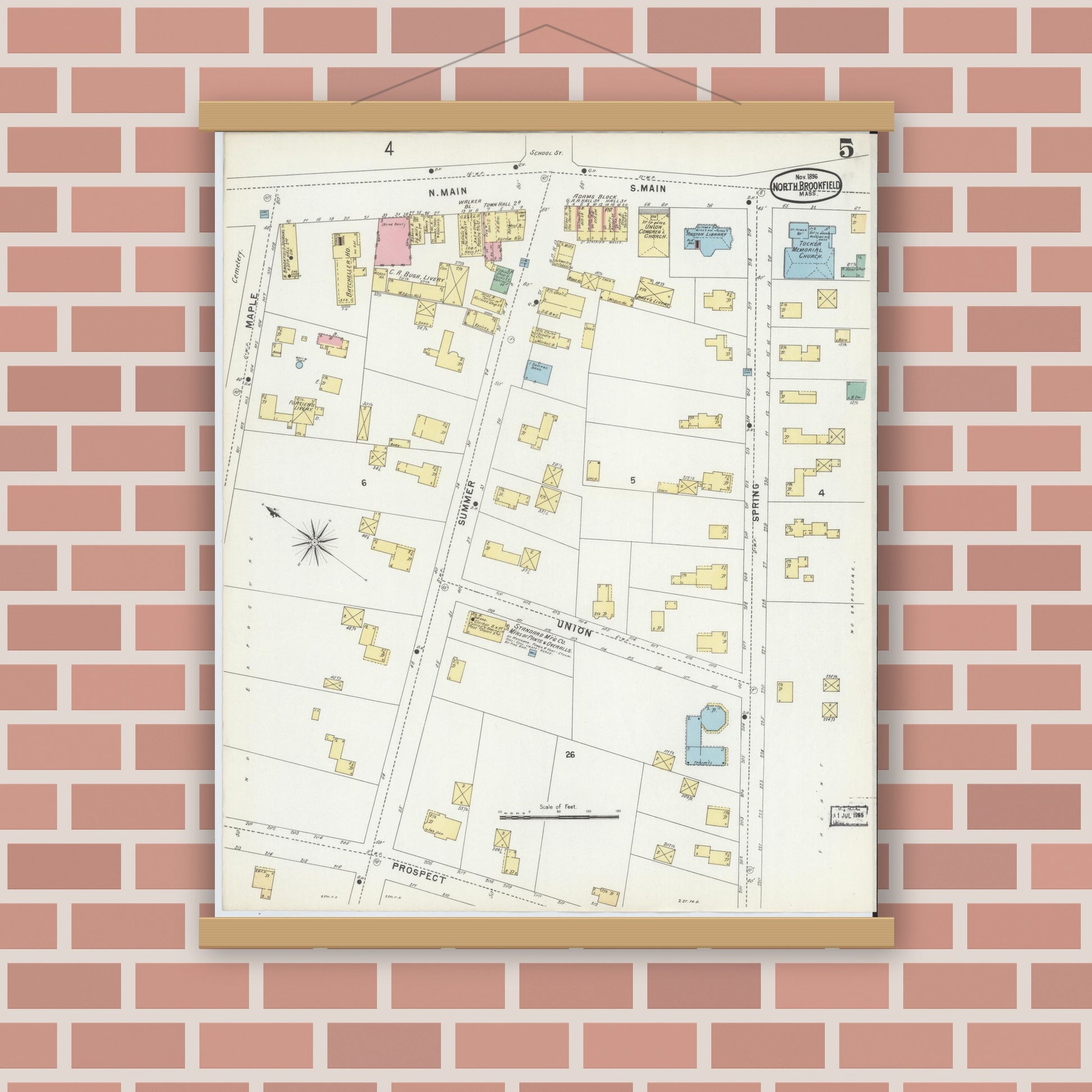 Old map wall art mockup — magnetic wood frame on brick wall — Sanborn Fire Insurance Map from North Brookfield, Worcester County, Massachusetts (1896), Sheet #0005