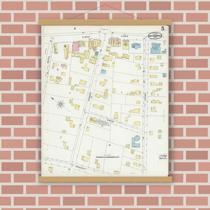 Old map wall art mockup — magnetic wood frame on brick wall — Sanborn Fire Insurance Map from North Brookfield, Worcester County, Massachusetts (1896), Sheet #0005