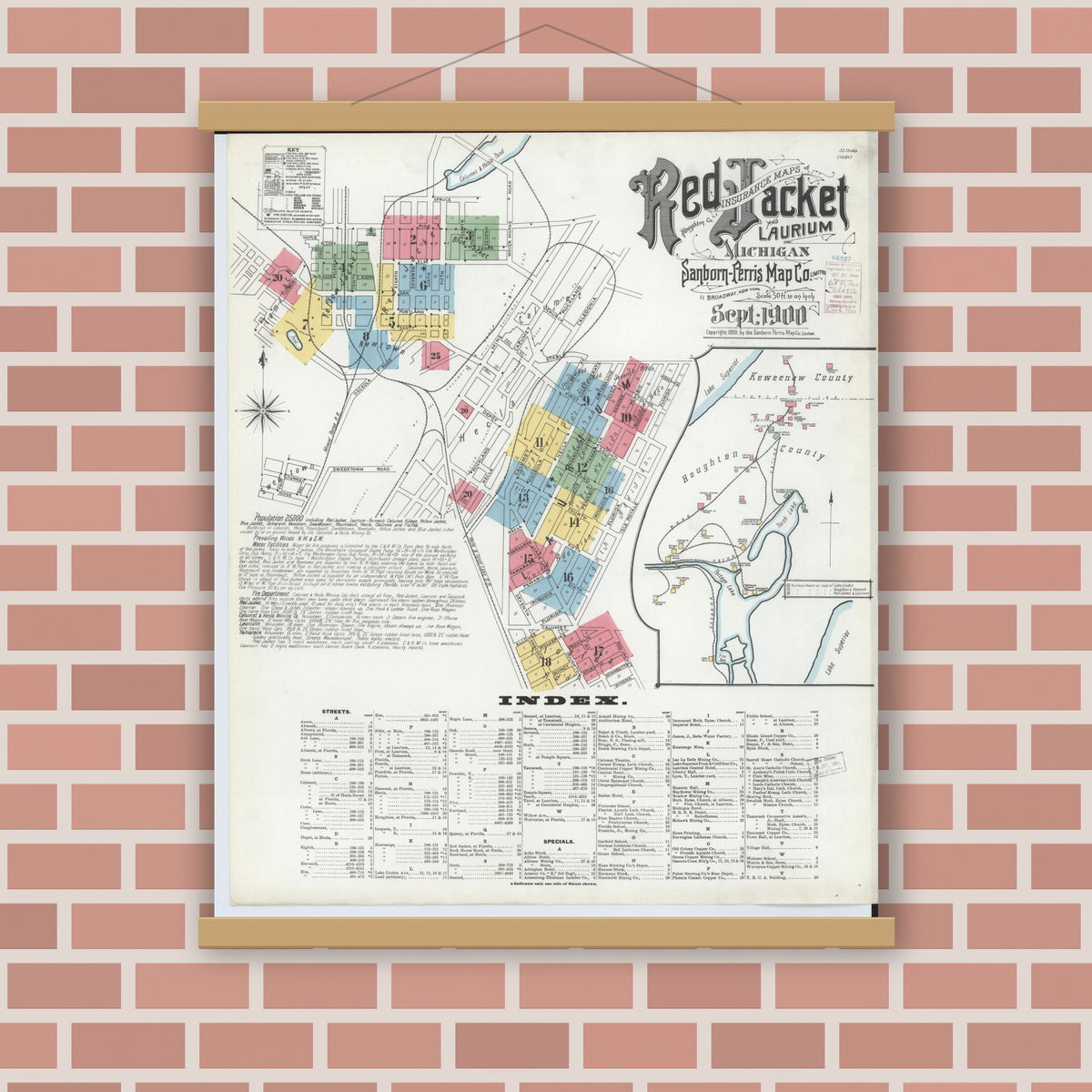 Old map wall art mockup — magnetic wood frame on brick wall — Sanborn Fire Insurance Map from Red Jacket, Houghton County, Michigan (1900), Sheet #0001
