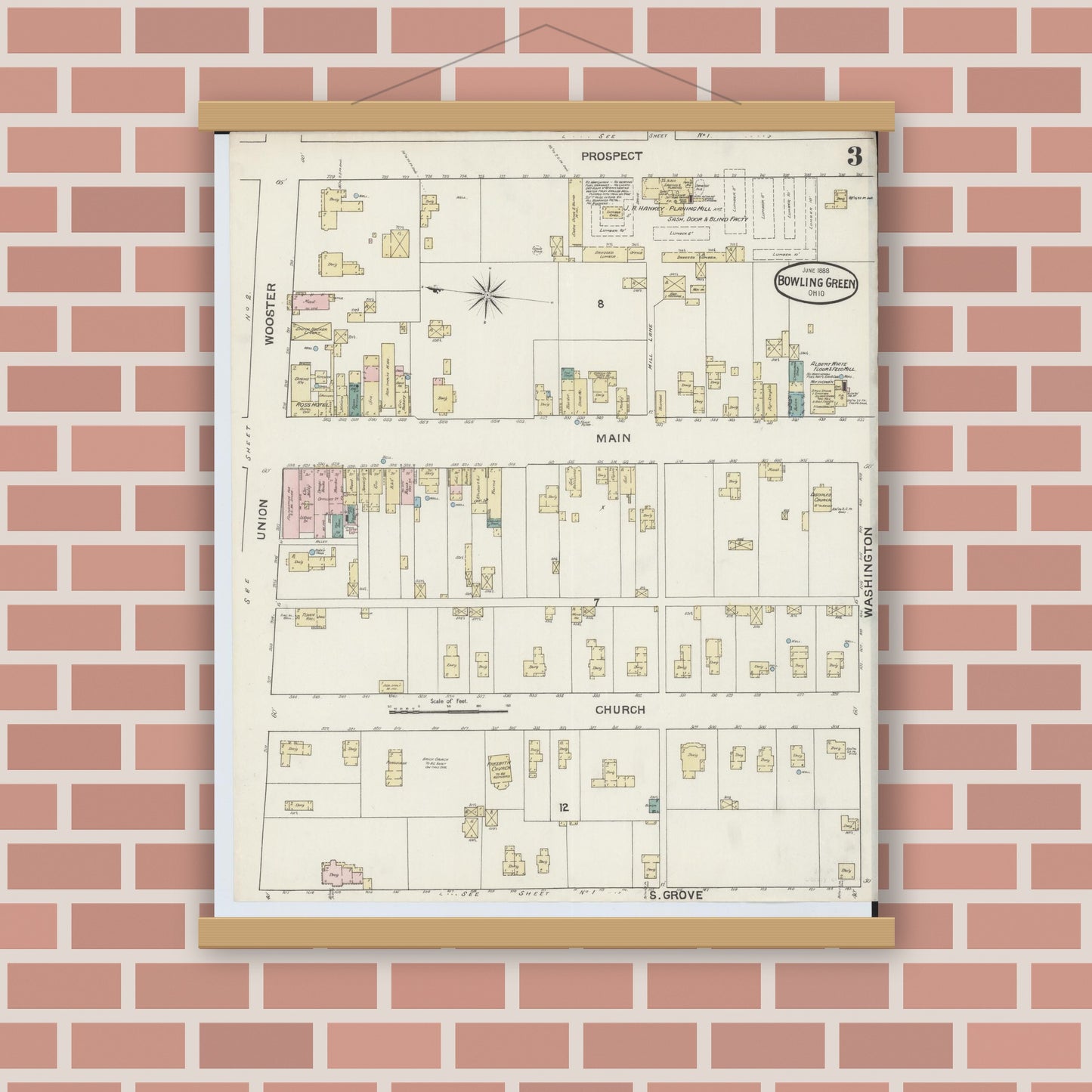 Old map wall art mockup — magnetic wood frame on brick wall — Sanborn Fire Insurance Map from Bowling Green, Wood County, Ohio (1888), Sheet #0003