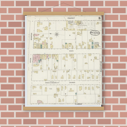 Old map wall art mockup — magnetic wood frame on brick wall — Sanborn Fire Insurance Map from Bowling Green, Wood County, Ohio (1888), Sheet #0003
