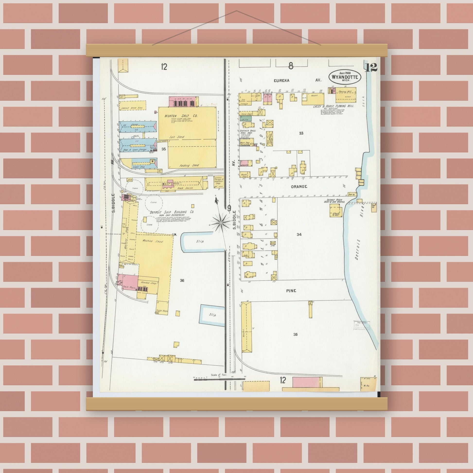 Old map wall art mockup — magnetic wood frame on brick wall — Sanborn Fire Insurance Map from Wyandotte, Wayne County, Michigan (1900), Sheet #0012