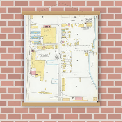 Old map wall art mockup — magnetic wood frame on brick wall — Sanborn Fire Insurance Map from Wyandotte, Wayne County, Michigan (1900), Sheet #0012