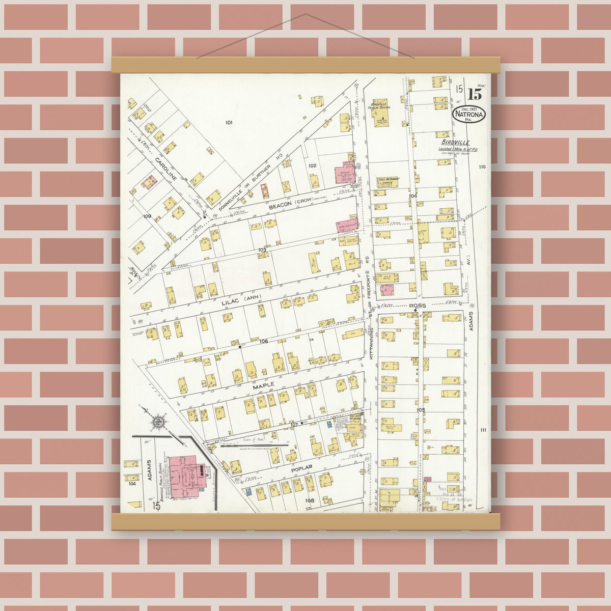 Old map wall art mockup — magnetic wood frame on brick wall — Sanborn Fire Insurance Map from Natrona, Allegheny County, Pennsylvania (1921), Sheet #0015