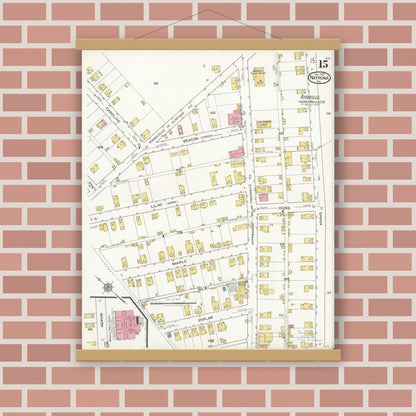 Old map wall art mockup — magnetic wood frame on brick wall — Sanborn Fire Insurance Map from Natrona, Allegheny County, Pennsylvania (1921), Sheet #0015