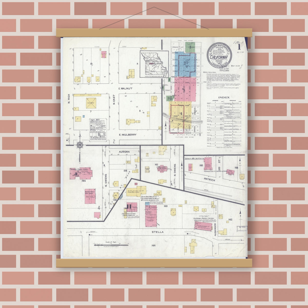 Old map wall art mockup — magnetic wood frame on brick wall — Sanborn Fire Insurance Map from California, Moniteau County, Missouri (1917) - Complete Map Set