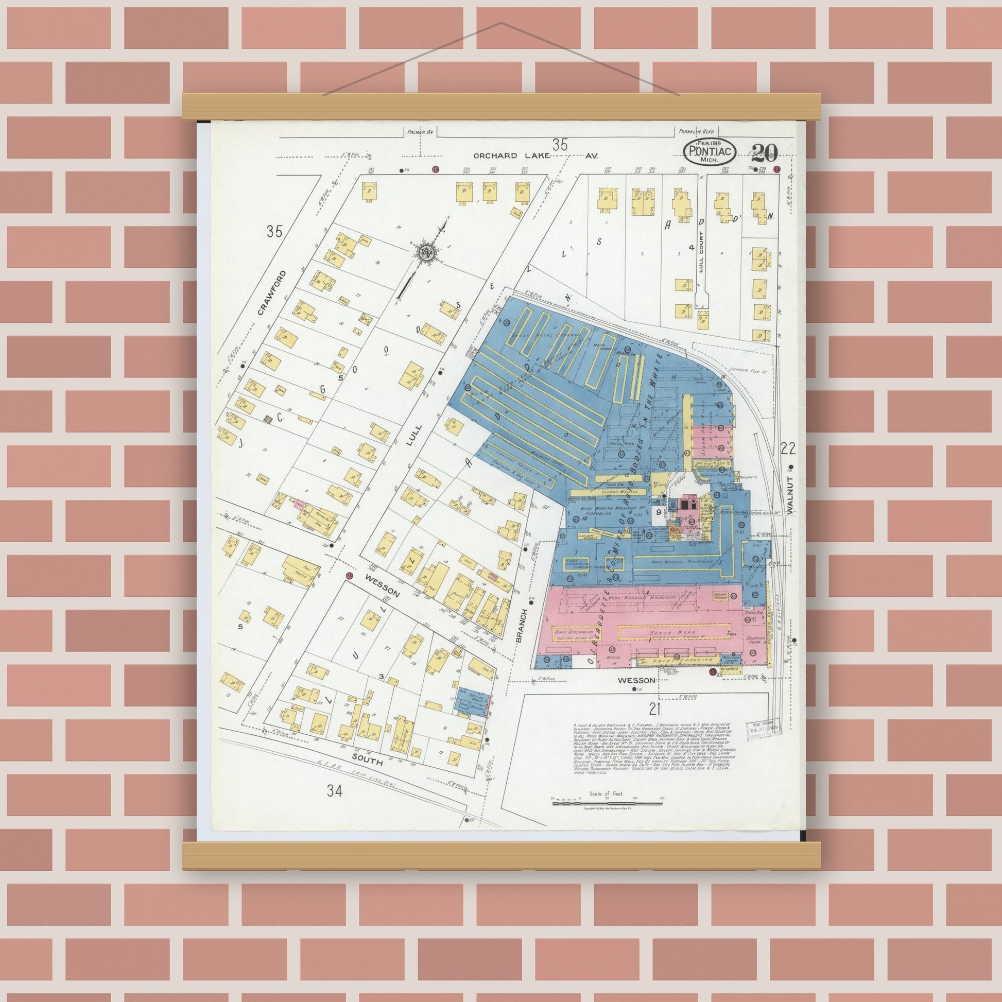 Old map wall art mockup — magnetic wood frame on brick wall — Sanborn Fire Insurance Map from Pontiac, Oakland County, Michigan (1919), Sheet #0020