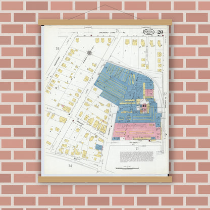 Old map wall art mockup — magnetic wood frame on brick wall — Sanborn Fire Insurance Map from Pontiac, Oakland County, Michigan (1919), Sheet #0020