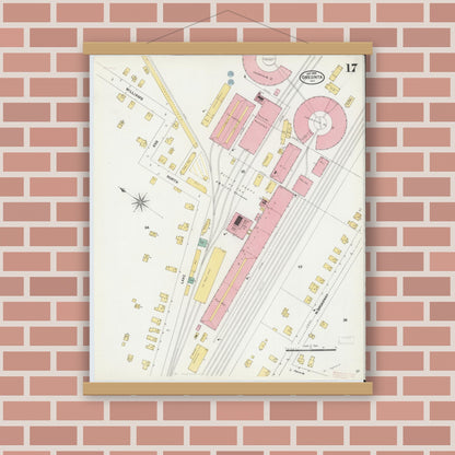 Old map wall art mockup — magnetic wood frame on brick wall — Sanborn Fire Insurance Map from Oneonta, Otsego County, New York (1905), Sheet #0017