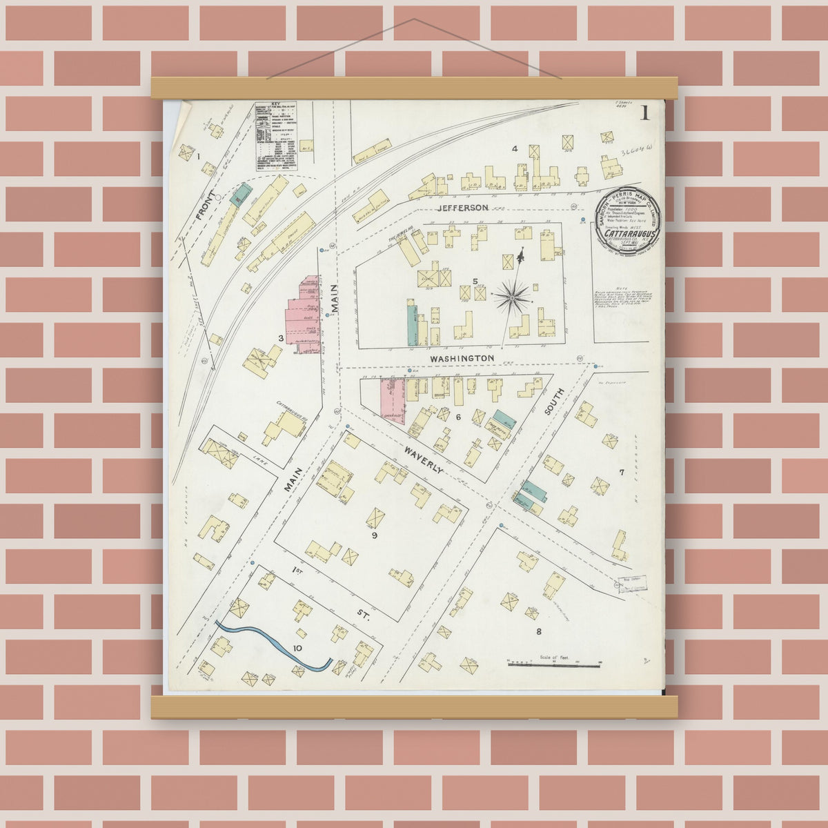 Old map wall art mockup — magnetic wood frame on brick wall — Sanborn Fire Insurance Map from Cattaraugus, Cattaraugus County, New York (1891) - Complete Map Set