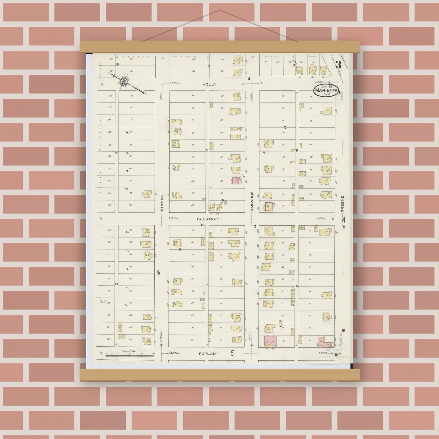 Old map wall art mockup — magnetic wood frame on brick wall — Sanborn Fire Insurance Map from Marietta, Washington County, Ohio (1915), Sheet #0003