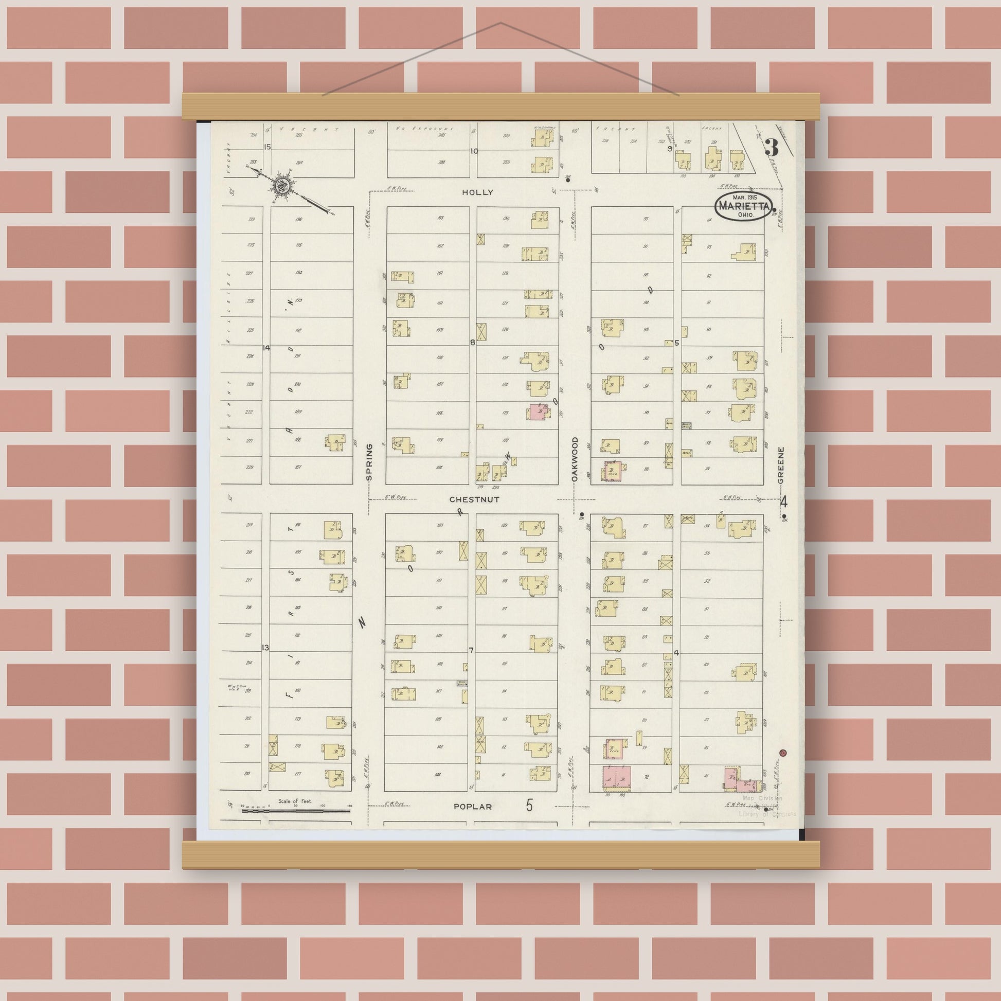 Old map wall art mockup — magnetic wood frame on brick wall — Sanborn Fire Insurance Map from Marietta, Washington County, Ohio (1915), Sheet #0003