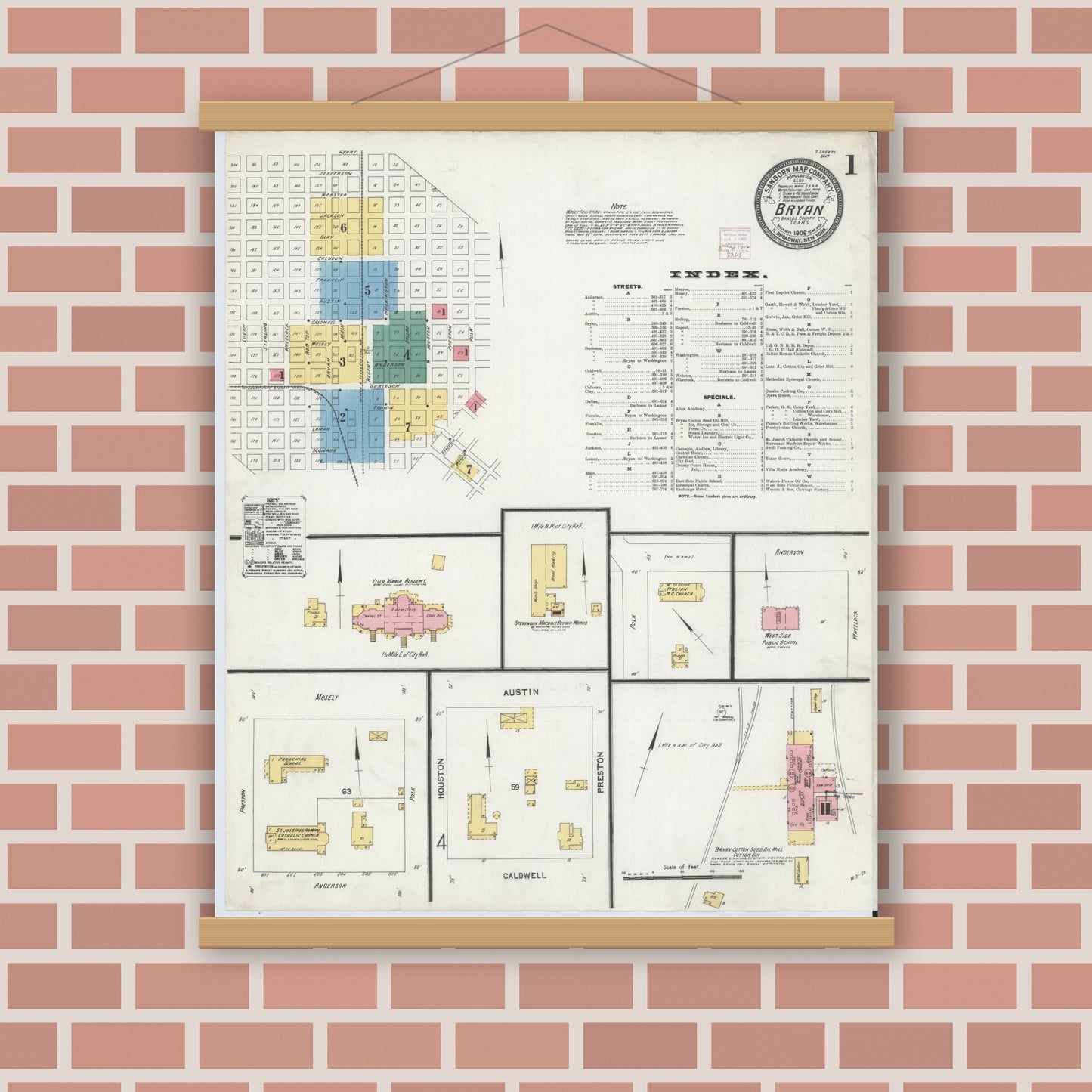 Old map wall art mockup — magnetic wood frame on brick wall — Sanborn Fire Insurance Map from Bryan, Brazos County, Texas (1906), Sheet #0001
