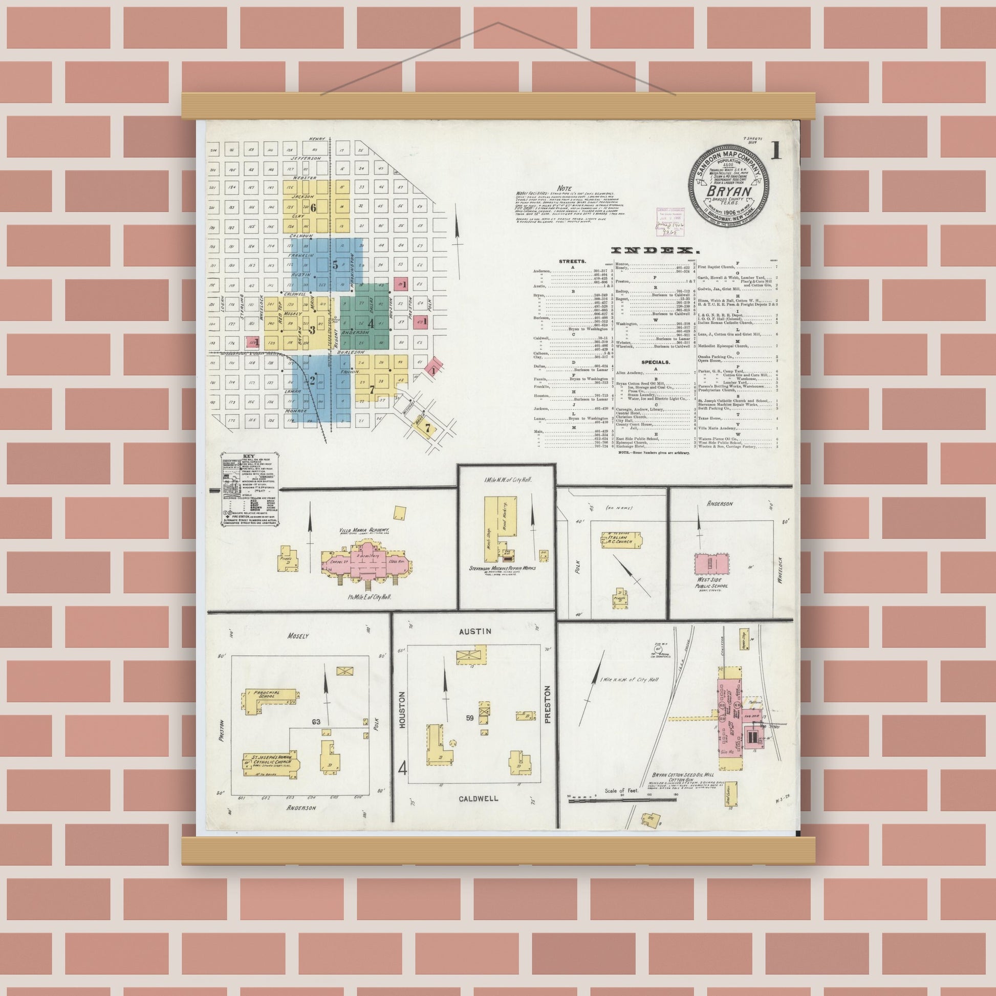 Old map wall art mockup — magnetic wood frame on brick wall — Sanborn Fire Insurance Map from Bryan, Brazos County, Texas (1906), Sheet #0001