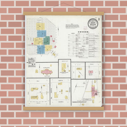 Old map wall art mockup — magnetic wood frame on brick wall — Sanborn Fire Insurance Map from Bryan, Brazos County, Texas (1906), Sheet #0001