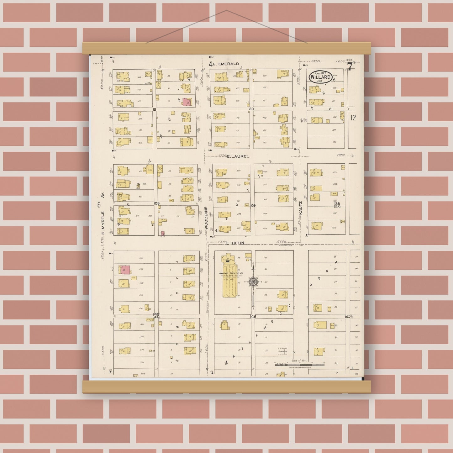 Old map wall art mockup — magnetic wood frame on brick wall — Sanborn Fire Insurance Map from Willard, Huron County, Ohio (1922), Sheet #0007
