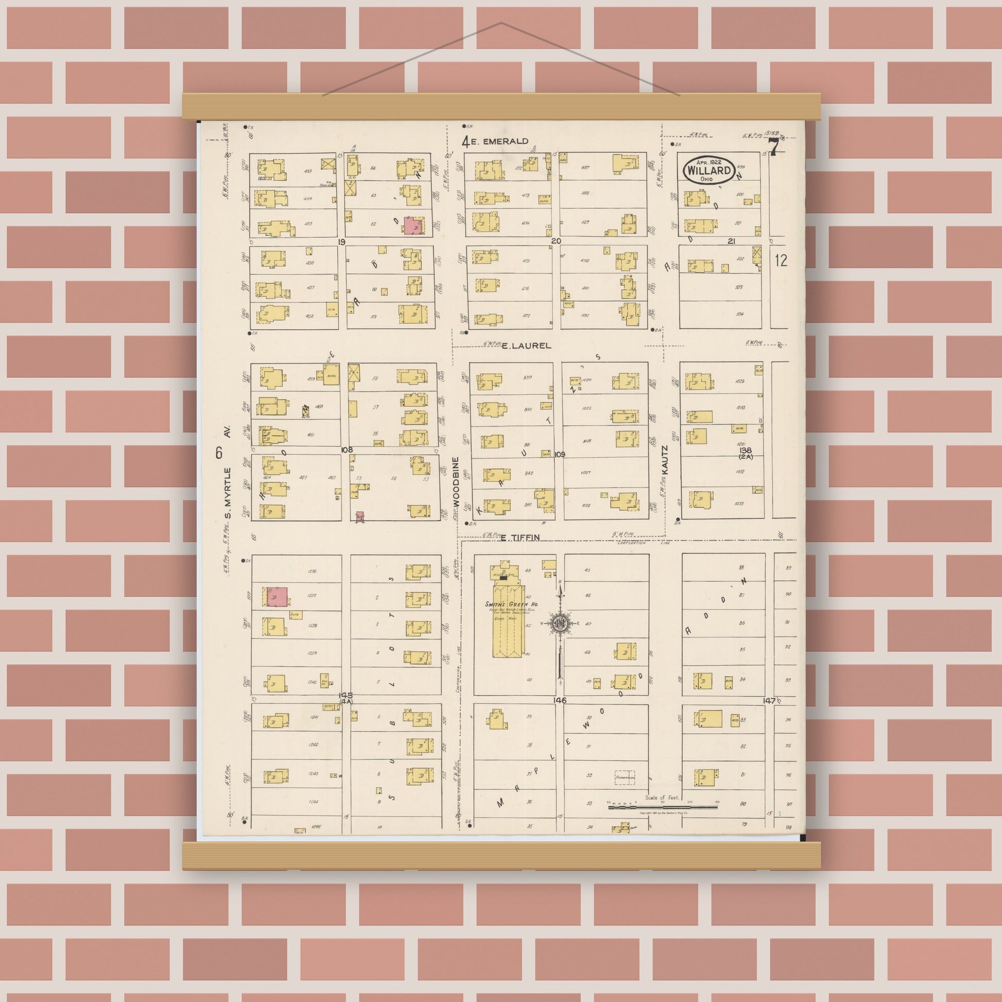Old map wall art mockup — magnetic wood frame on brick wall — Sanborn Fire Insurance Map from Willard, Huron County, Ohio (1922), Sheet #0007