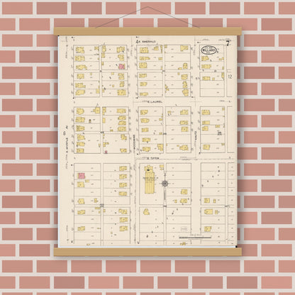 Old map wall art mockup — magnetic wood frame on brick wall — Sanborn Fire Insurance Map from Willard, Huron County, Ohio (1922), Sheet #0007