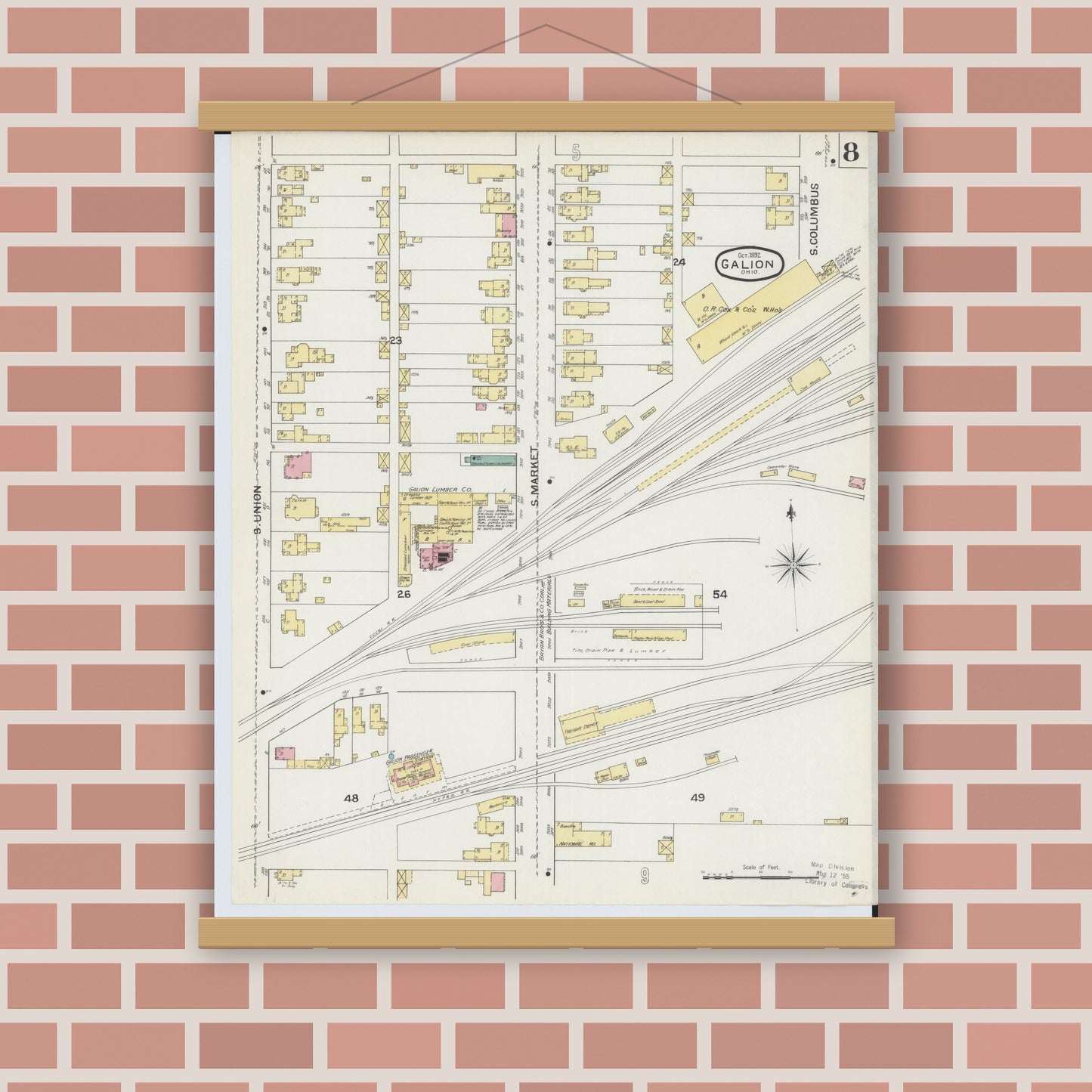 Old map wall art mockup — magnetic wood frame on brick wall — Sanborn Fire Insurance Map from Galion, Crawford County, Ohio (1892), Sheet #0008