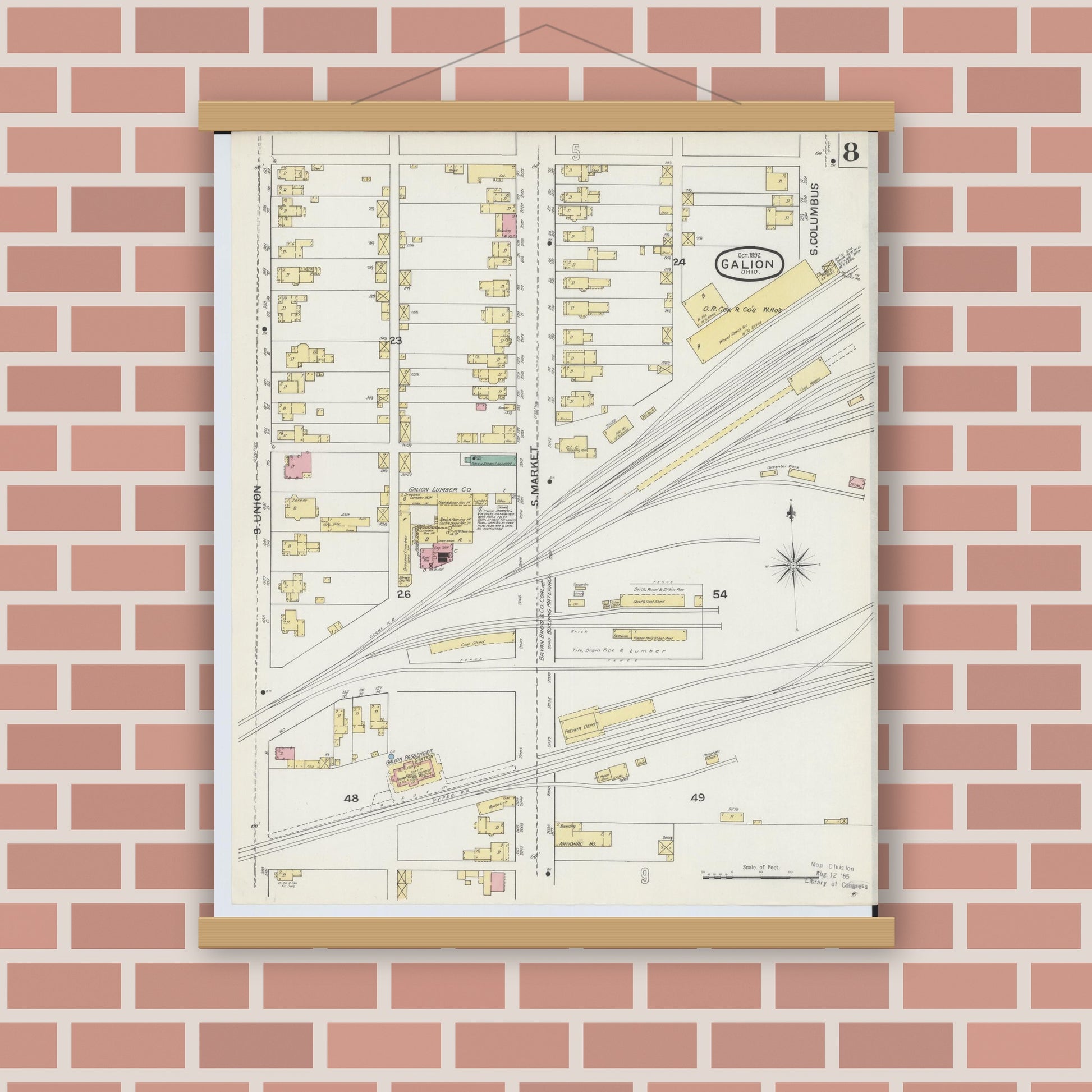 Old map wall art mockup — magnetic wood frame on brick wall — Sanborn Fire Insurance Map from Galion, Crawford County, Ohio (1892), Sheet #0008