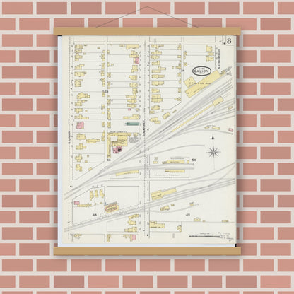 Old map wall art mockup — magnetic wood frame on brick wall — Sanborn Fire Insurance Map from Galion, Crawford County, Ohio (1892), Sheet #0008
