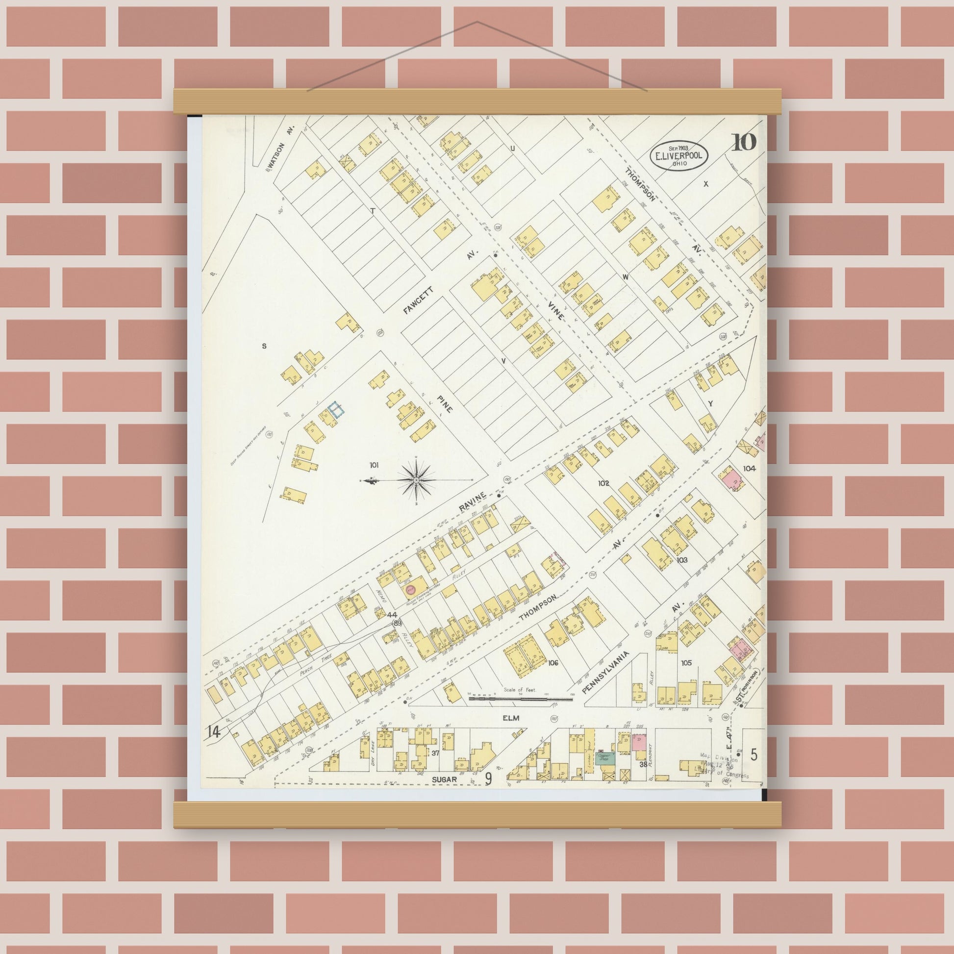 Old map wall art mockup — magnetic wood frame on brick wall — Sanborn Fire Insurance Map from East Liverpool, Columbiana County, Ohio (1903), Sheet #0010