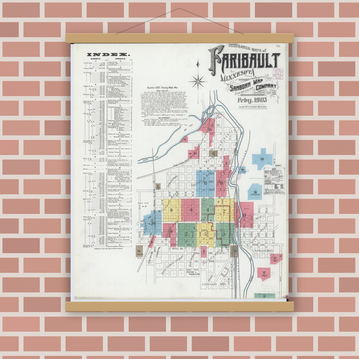 Old map wall art mockup — magnetic wood frame on brick wall — Sanborn Fire Insurance Map from Faribault, Rice County, Minnesota (1905) - Complete Map Set