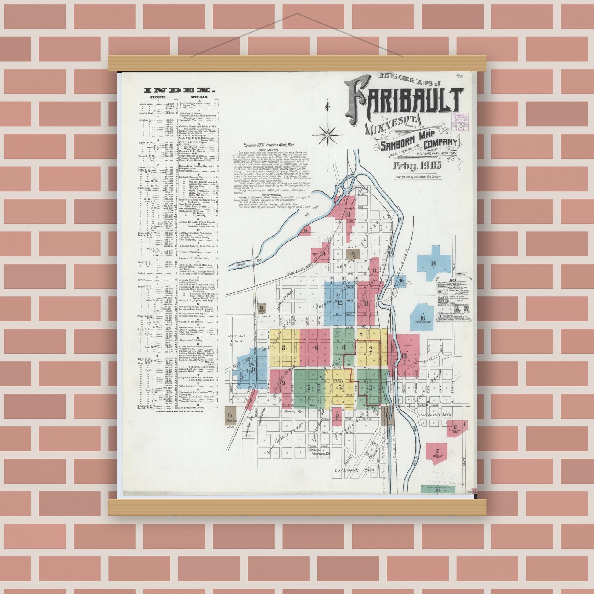 Old map wall art mockup — magnetic wood frame on brick wall — Sanborn Fire Insurance Map from Faribault, Rice County, Minnesota (1905) - Complete Map Set