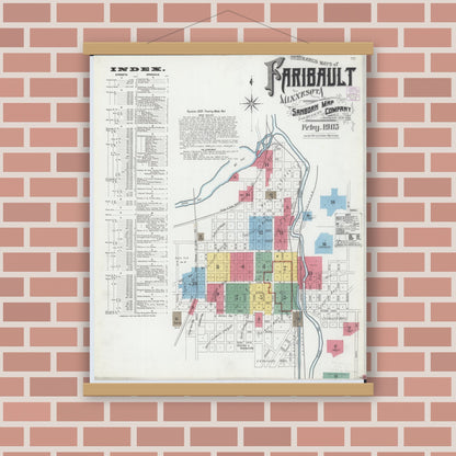 Old map wall art mockup — magnetic wood frame on brick wall — Sanborn Fire Insurance Map from Faribault, Rice County, Minnesota (1905) - Complete Map Set