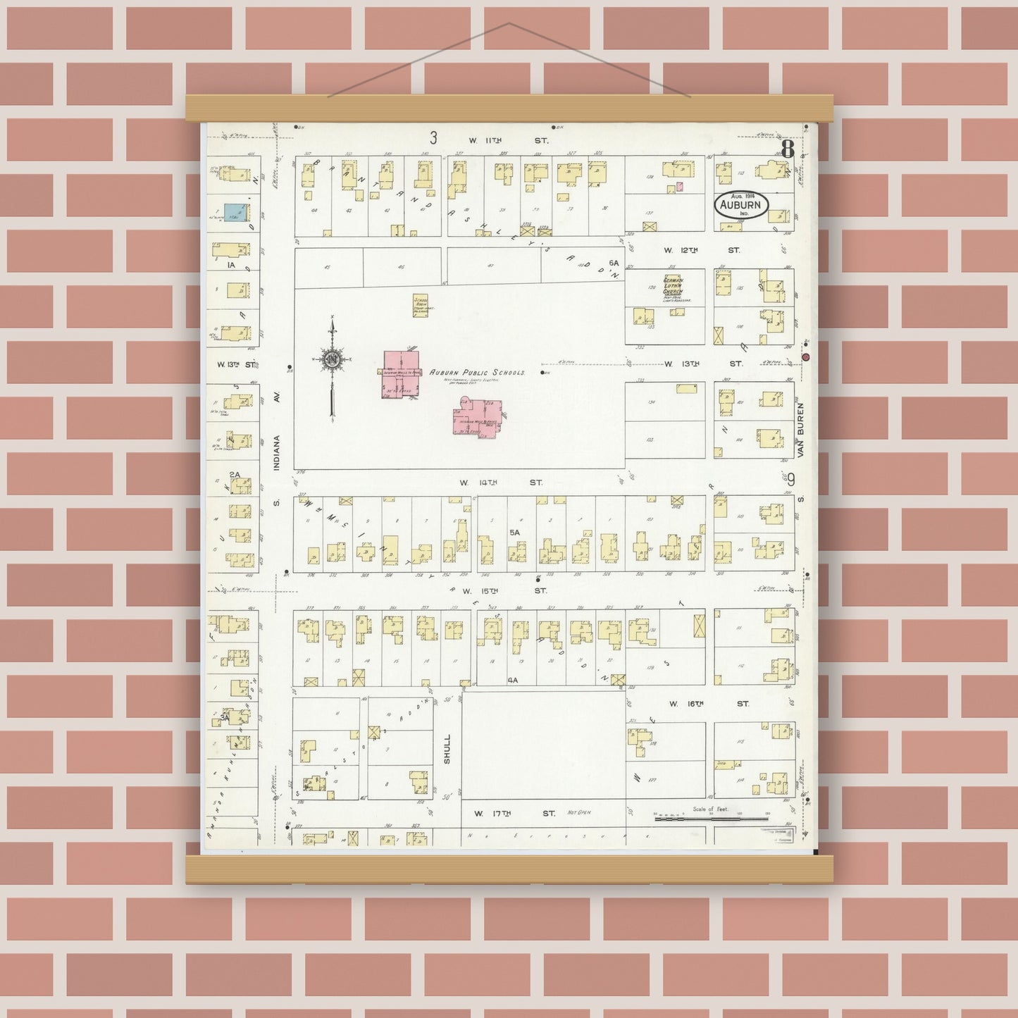 Old map wall art mockup — magnetic wood frame on brick wall — Sanborn Fire Insurance Map from Auburn, De Kalb County, Indiana (1914), Sheet #0008