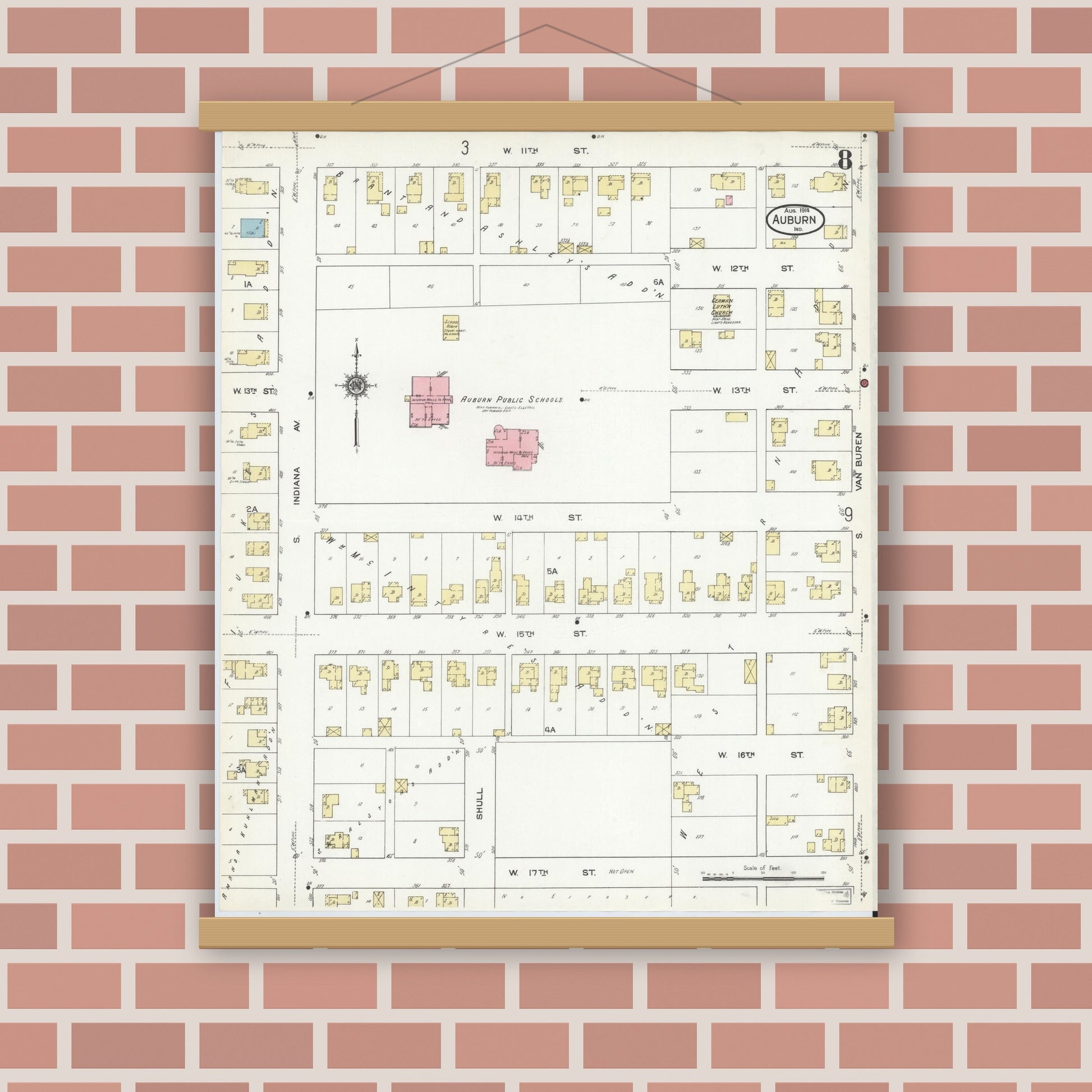 Old map wall art mockup — magnetic wood frame on brick wall — Sanborn Fire Insurance Map from Auburn, De Kalb County, Indiana (1914), Sheet #0008