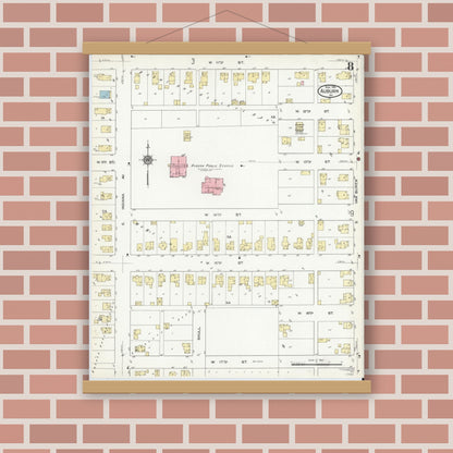 Old map wall art mockup — magnetic wood frame on brick wall — Sanborn Fire Insurance Map from Auburn, De Kalb County, Indiana (1914), Sheet #0008