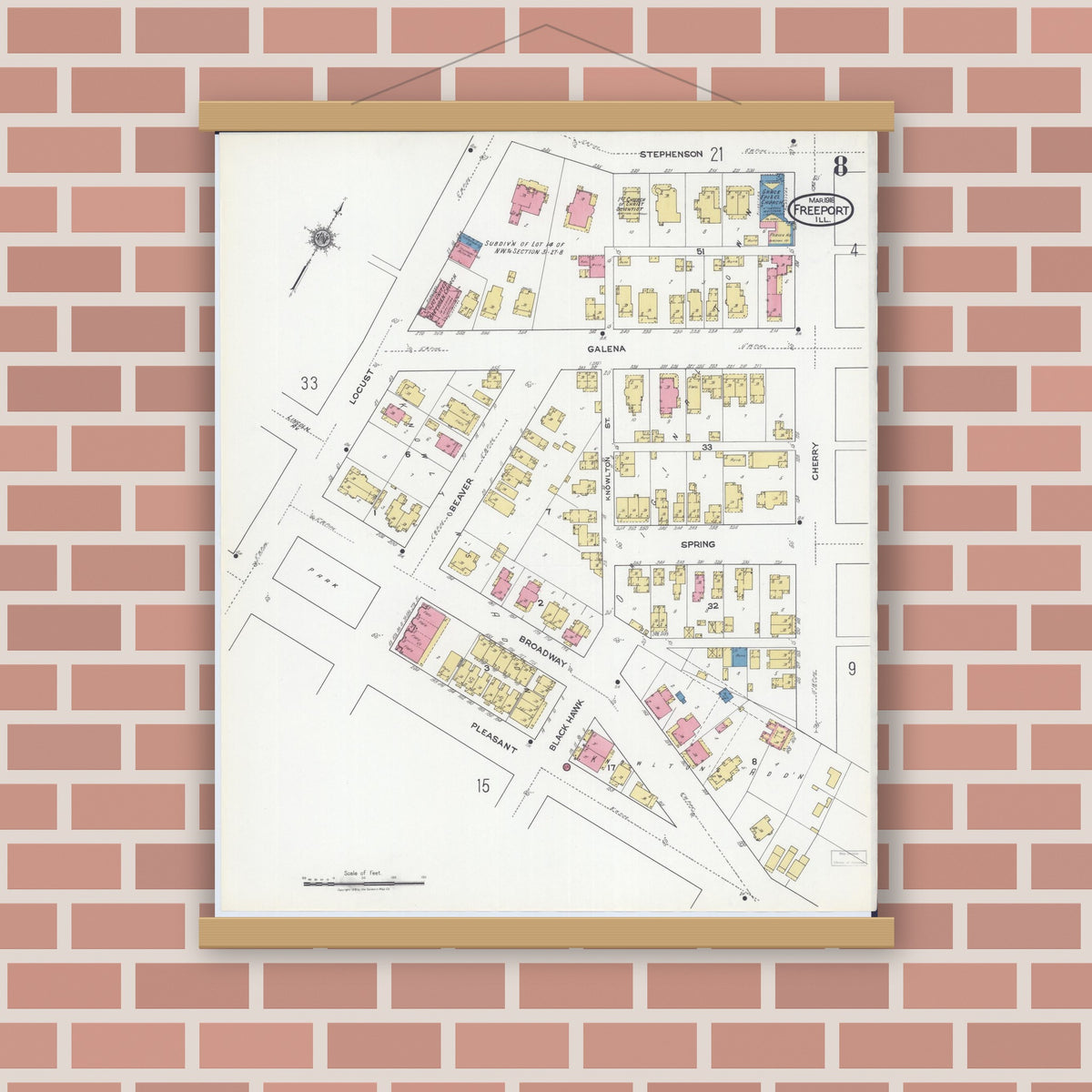 Old map wall art mockup — magnetic wood frame on brick wall — Sanborn Fire Insurance Map from Freeport, Stephenson County, Illinois (1918), Sheet #0008