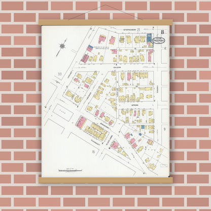 Old map wall art mockup — magnetic wood frame on brick wall — Sanborn Fire Insurance Map from Freeport, Stephenson County, Illinois (1918), Sheet #0008